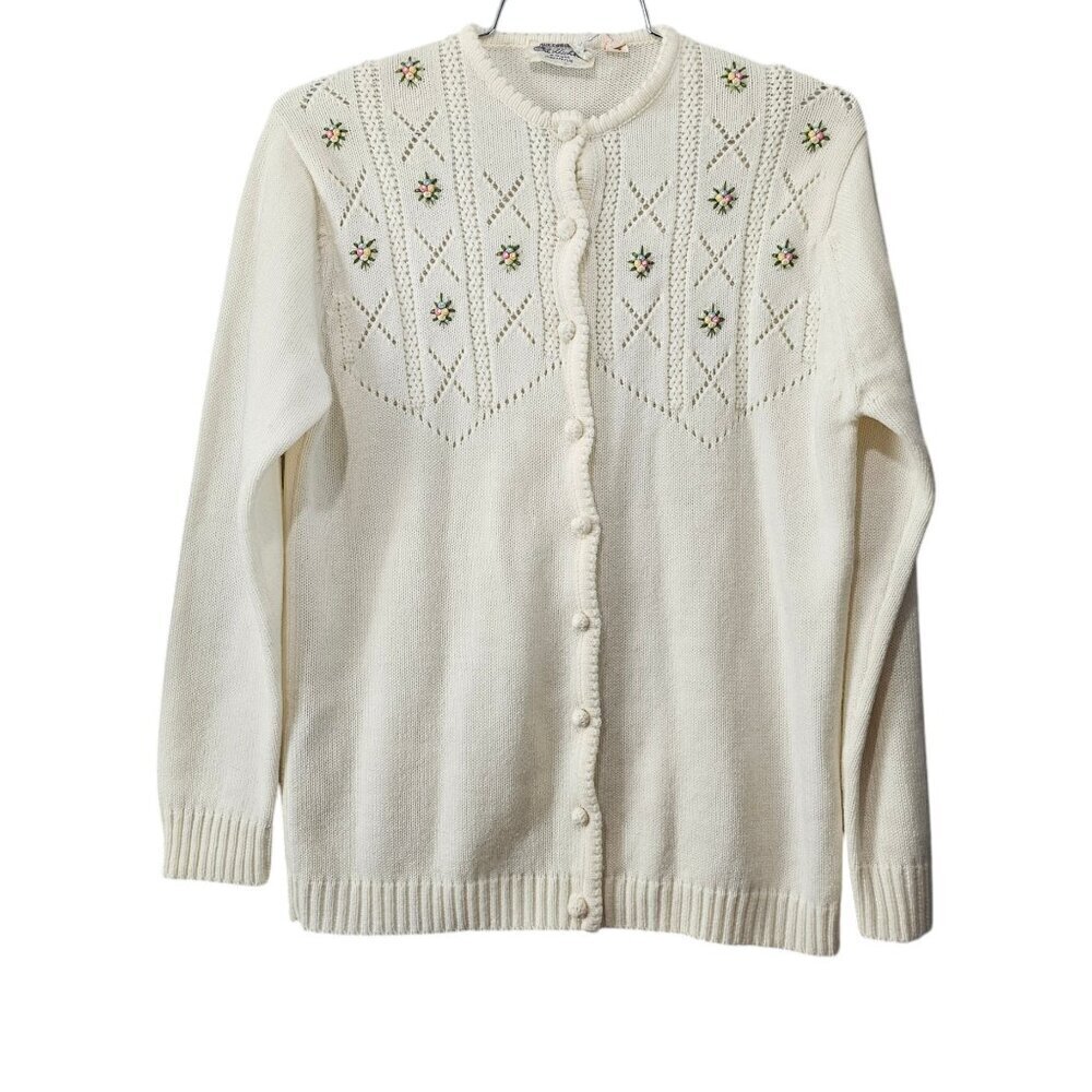 The Hecht Co Vintage Floral Embroidered Knit Cardigan Sweater